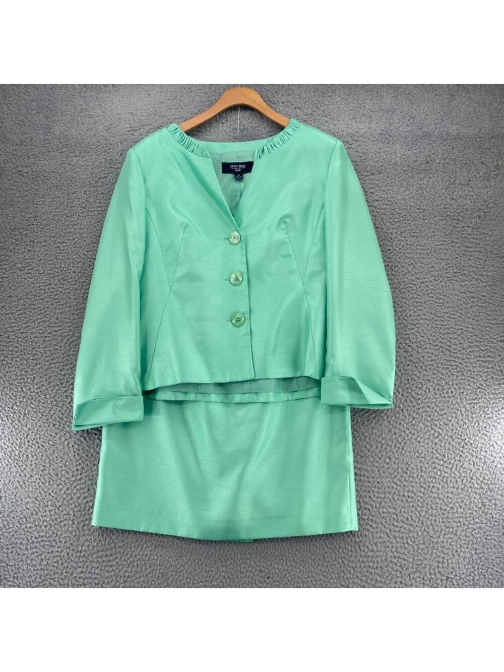 Jones Wear Set Womens 10 Green Satin Pencil Skirt Button Up Jacket Pleated Neck